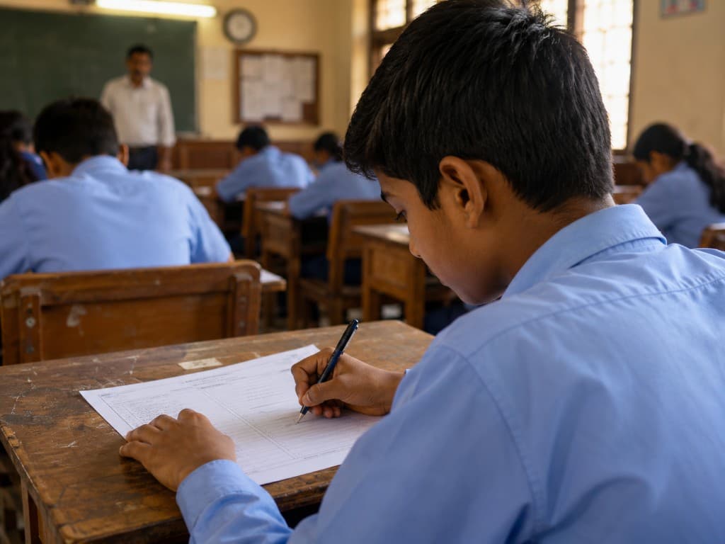 Student writing during a FinKomm exam